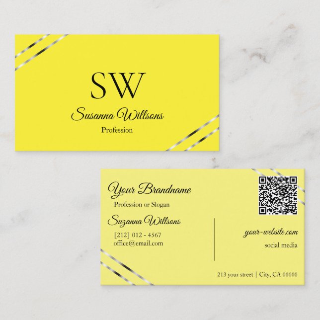 Carte De Visite Crème jaune avec code QR monogramme lignes argenté (Devant / Derrière)