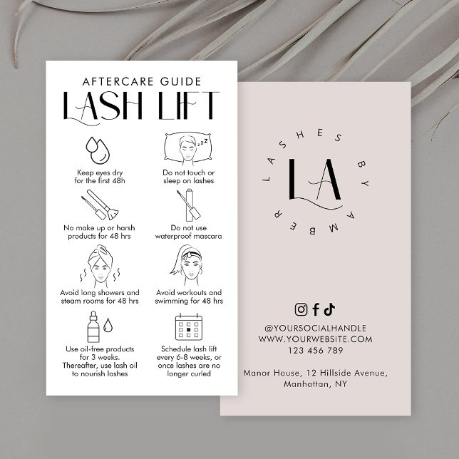 Carte De Visite Crème moderne et blanc Élégant Lash Lift Aftercare (Elegant Lash Lift & Tint care instructions cards with space for your salon logo)