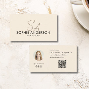 Carte De Visite Crème Photo QR Monogramme Moderne Professionnelle