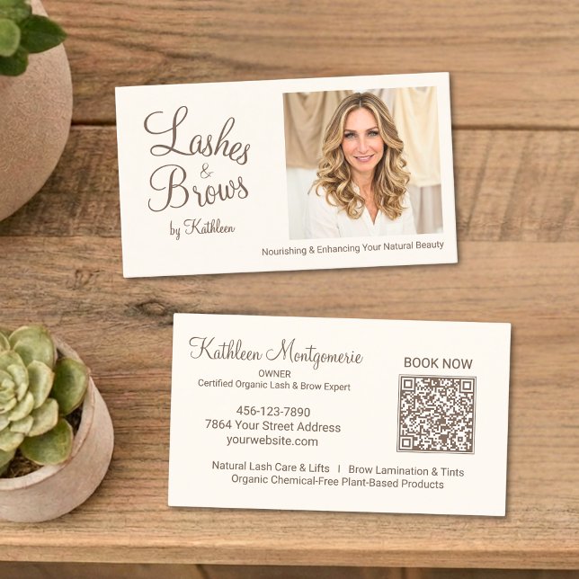 Carte De Visite Crème Photo Script Code QR Cils et Sourcils (Créateur téléchargé)
