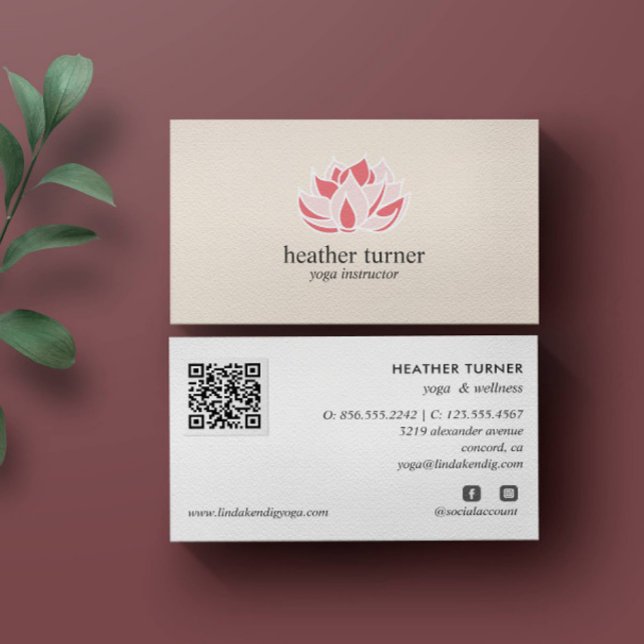 Carte De Visite Crème QR CODE bien-être massage spa yoga massage (LOTUS FLOWER THEMED BUSINESS CARD WITH QR CODE AND SOCIAL ICONS)
