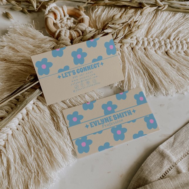 Carte De Visite Crème Rétro Bleu Groovy Floral Boho Unique 70s (Créateur téléchargé)