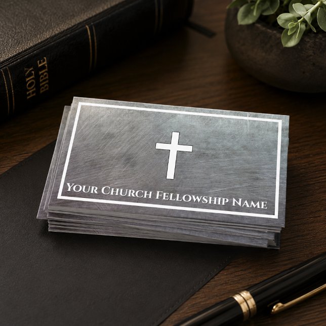 Carte De Visite Croix en métal gris robuste Pasteur d'église (The metal details are simulated in the artwork. No actual metal will be used in this card design.)