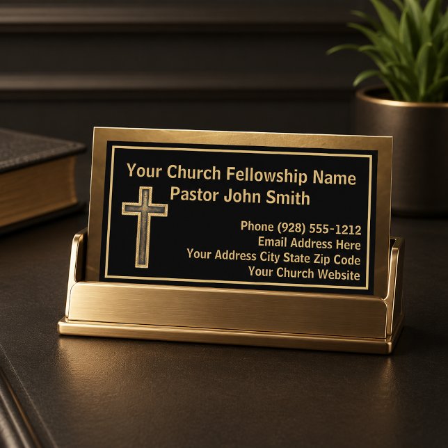 Carte De Visite Croix en or brossé pour pasteur d'église (The gold foil effect is simulated in the artwork, no metal is used in this product.)