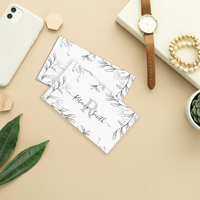 Carte De Visite Croquis féminin Gris Floral QR Code (Créateur téléchargé)