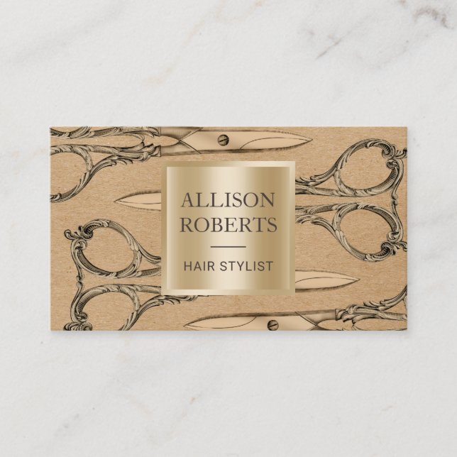 Carte De Visite Cru Papier d'emballage de ciseaux d'or de salon de (Devant)