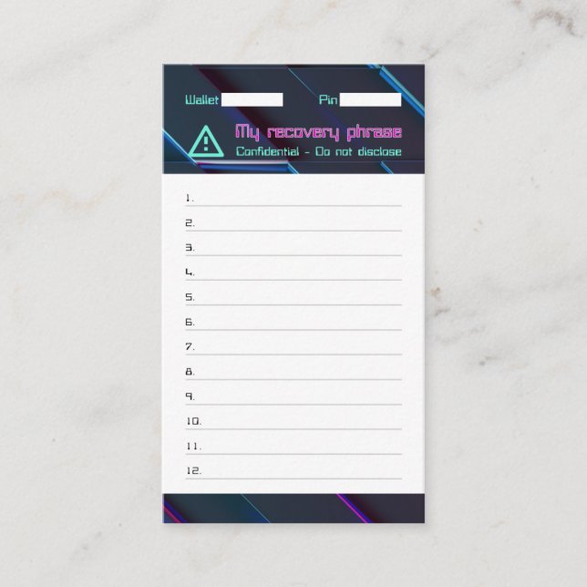 Carte De Visite Crypto Wallet Mot de passe Récupération Semence Ph (Devant)