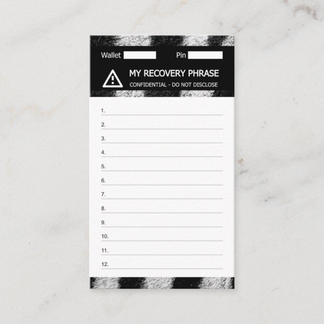 Carte De Visite Crypto Wallet Zebra Recovery Seed Phrase 12 (Devant)