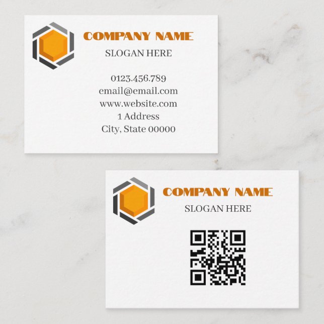 Carte De Visite Cube Hexagone 3D Moderne Code QR Orange Gris (Devant / Derrière)
