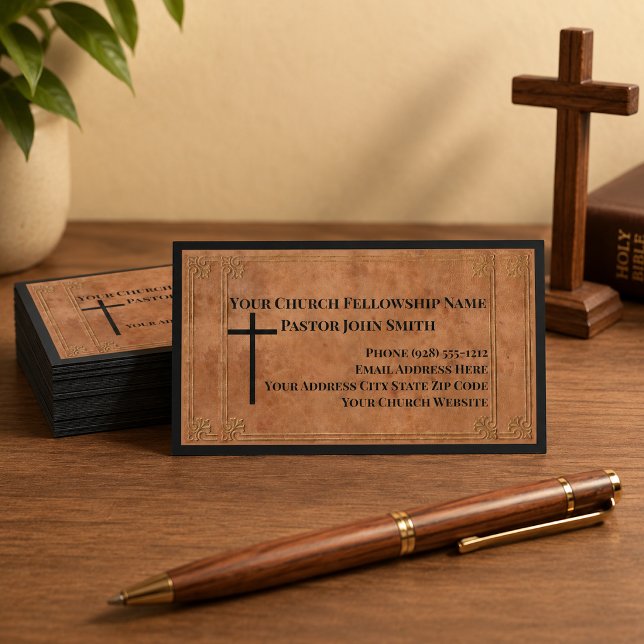 Carte De Visite Cuir brun estampé robuste Église (The leather details are simulated in the artwork. No actual leather will be used in this card.)