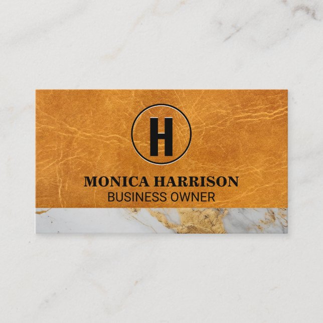 Carte De Visite Cuir Luxueux | Garniture Marbre | Monogramme (Devant)
