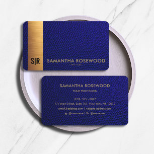 Carte De Visite Cuir Navy Blue Luxueux & Panneau Or Monogramme 