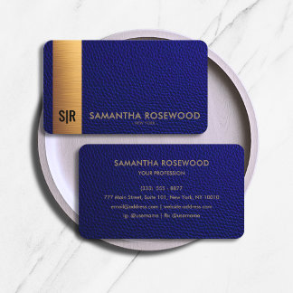 Carte De Visite Cuir Navy Blue Luxueux & Panneau Or Monogramme 