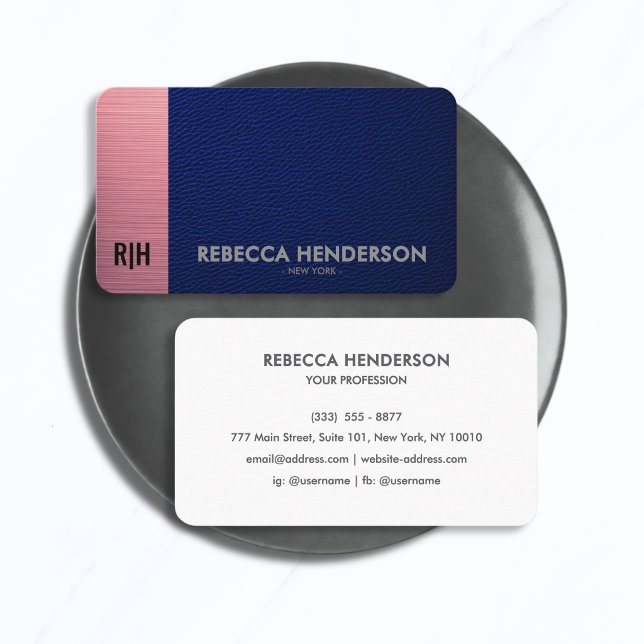 Carte De Visite Cuir Navy Metallic Rose & Dos Monogramme Blanc (Créateur téléchargé)