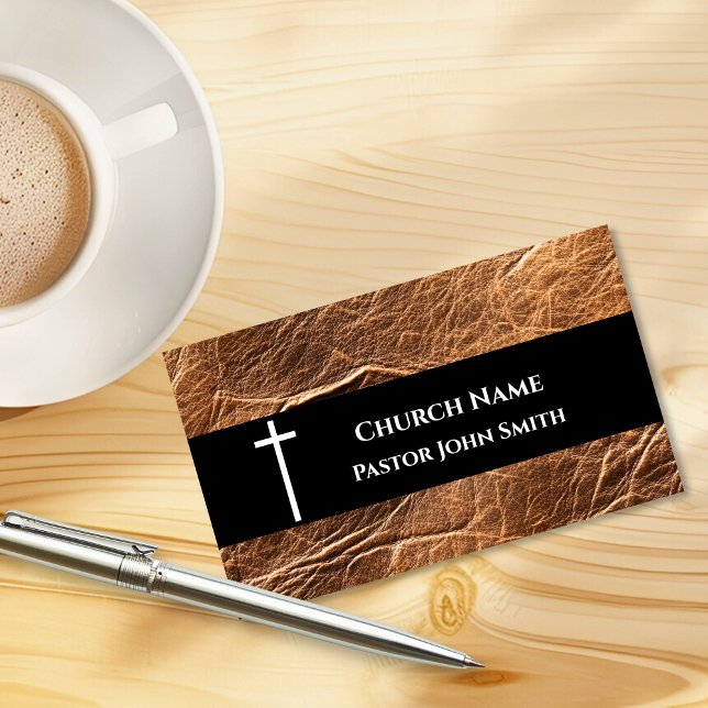 Carte De Visite Cuir rustique vieilli en noyer Église (Rustic Aged Walnut Leather Church Business Card)