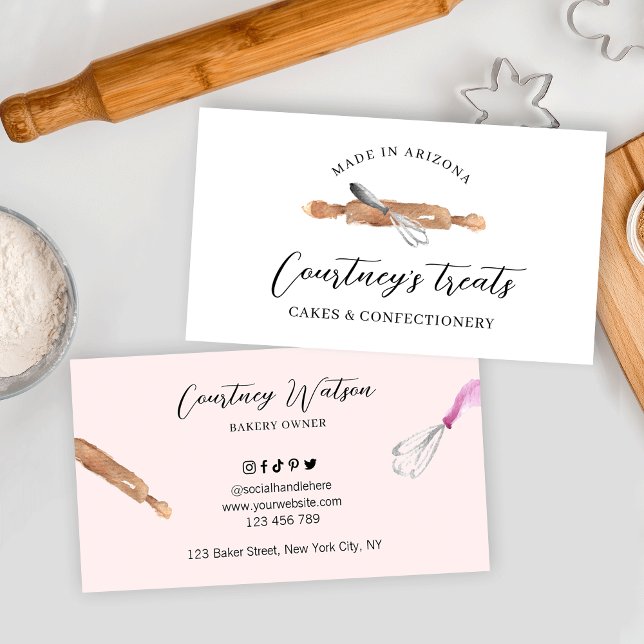 Carte De Visite Cuisine boulangerie Pâtisserie Chef Aquarelle Whis (Watercolor bakery art rolling pin and whisk pastry chef business cards)
