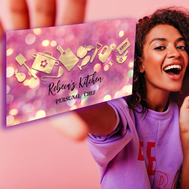 Carte De Visite Cuisine Chef Restaurant Restauration Logo QR Code  (Cooking Chef Restaurant Catering Logo QR Code Pink Business Card)