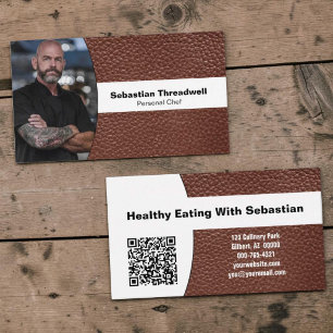 Carte De Visite Cuisinier Personnel Code QR Cuir Brun Photo Person