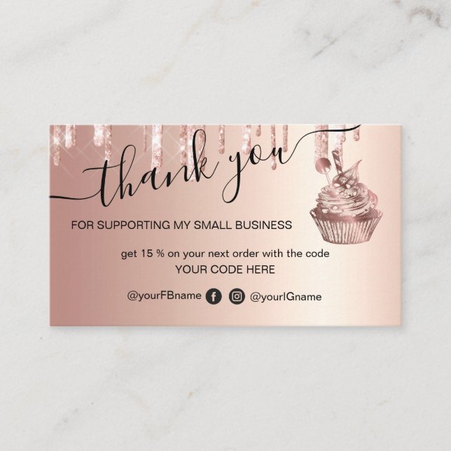 Carte De Visite Cupcake Bakery Pastry Chef Glitter Drips Rose Gold (Devant)