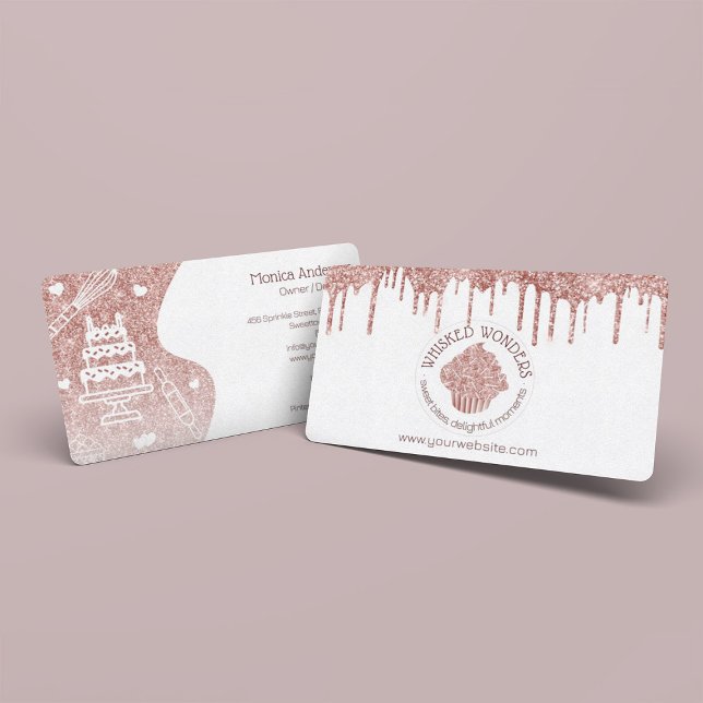 Carte De Visite Cupcake Bakery Pastry Chef Glitter Drips Rose Gold (Pastry Cake Bakery Glitter Rose Gold Pink Drips Business Card)