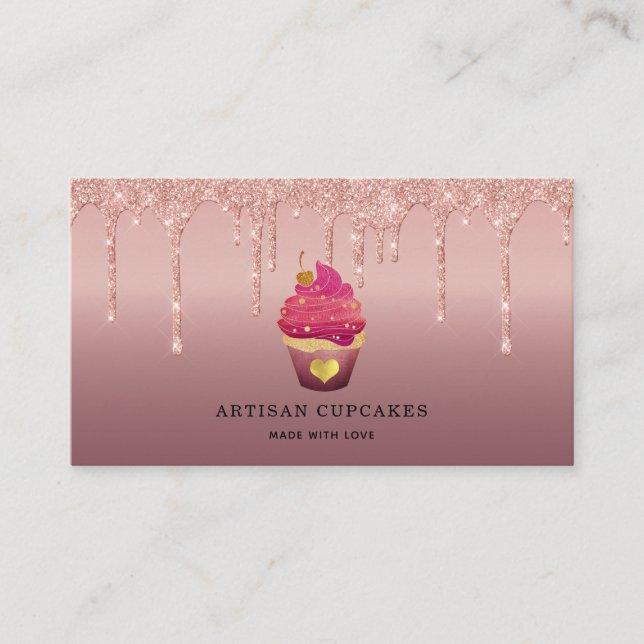 Carte De Visite Cupcake Bakery Pastry Chef Glitter Drips Rose Gold (Devant)