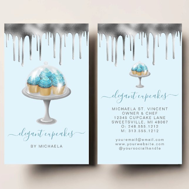 Carte De Visite Cupcake Bakery Teal Faux Silver Foil Drip (Créateur téléchargé)