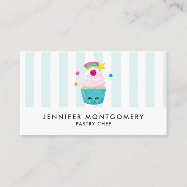 Carte De Visite Cupcake bleu mignon avec visage Kawaii (Devant)