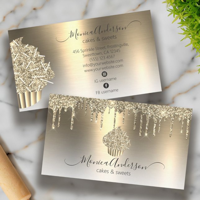 Carte De Visite Cupcake Boulangerie Pâtisserie Chef Parties scinti (Cupcake Bakery Pastry Chef Glitter Drips Champagne Business Card)