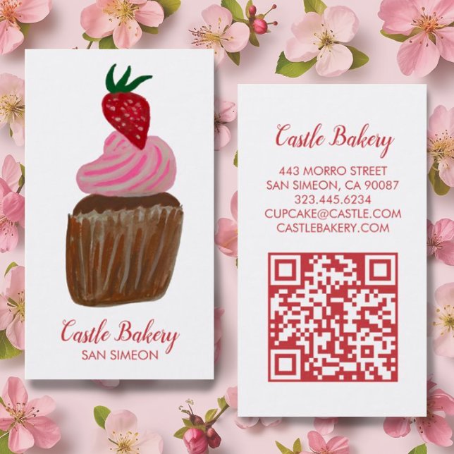 Carte De Visite CUPCAKE CUPCAKE Boulangerie Pâtisserie Chef QR mod (Pink strawberry watercolor cupcake on this custom business card with QR code)