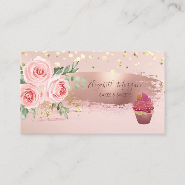 Carte De Visite Cupcake, Fleur, Confetti Or, Brosse (Devant)