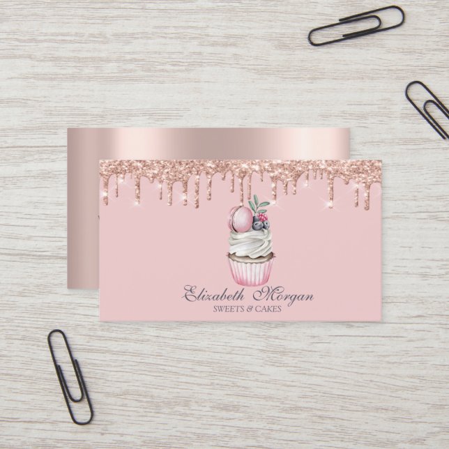 Carte De Visite Cupcake Macarons Luxe Drips Rose Gold Sweets (Devant/Arrière en situation)