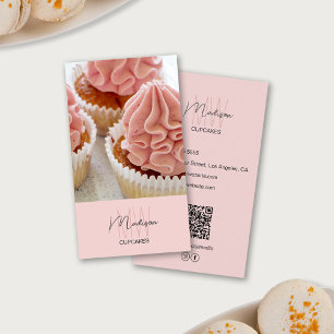Carte De Visite Cupcake Photo QR Rose Logo Monogramme Boulangerie