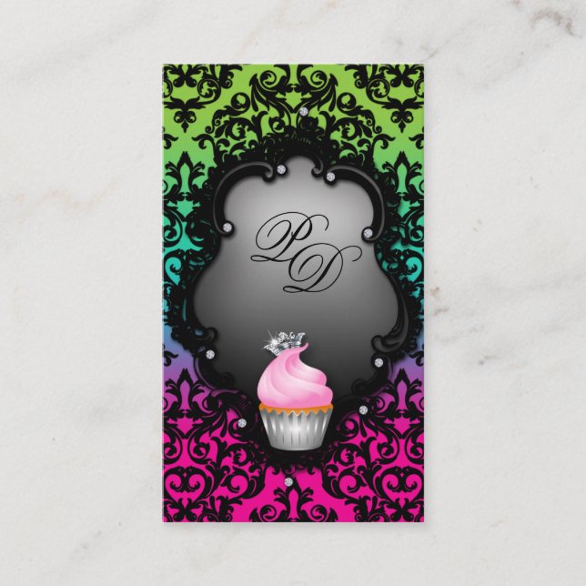 Carte de visite Cupcake Retro Damask Rose Green (Devant)