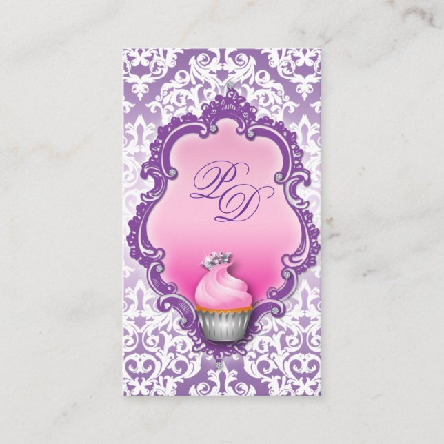 Carte de visite Cupcake Retro Damask rose violet (Devant)