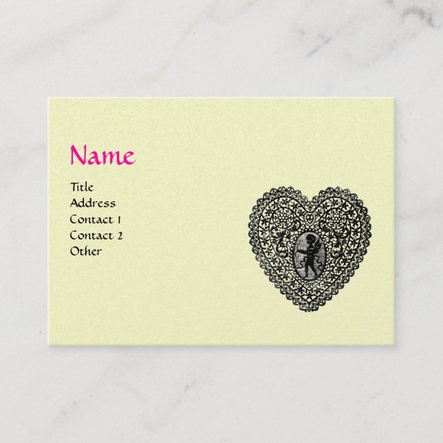 Carte De Visite CUPID LACE COEUR MONOGRAMME , rose, or fuchsia et  (Devant)