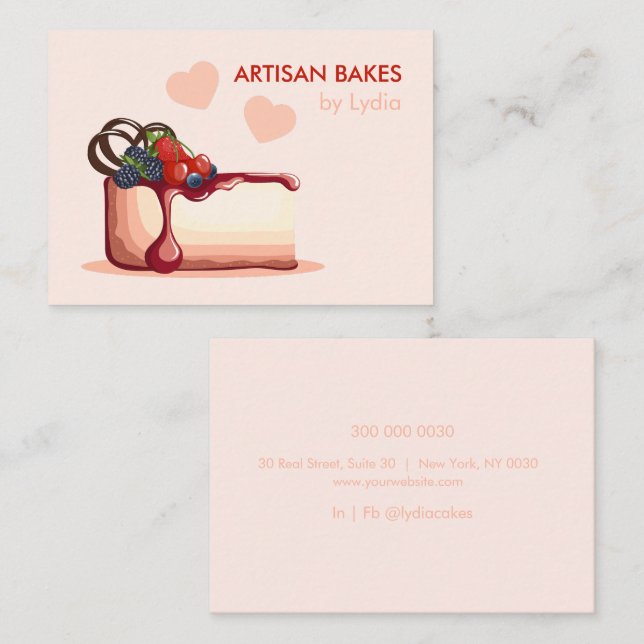 Carte De Visite Custom Artisan Bakery Business Card with Cake (Devant / Derrière)