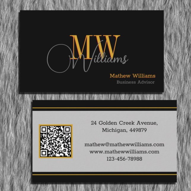 Carte De Visite Custom Black, Gold, Gray & QR Code, Monogram (Créateur téléchargé)