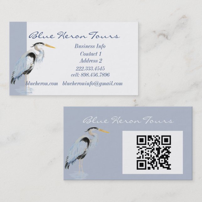 Carte De Visite Custom Business Great Blue Heron Bird QR Code (Devant / Derrière)