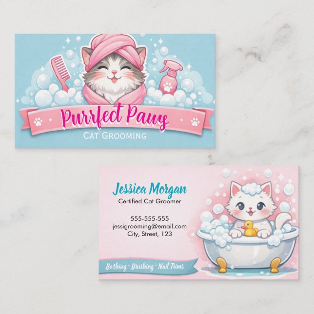 Carte De Visite Custom Cat Groomer Business Card – Pastel Design (Devant / Derrière)