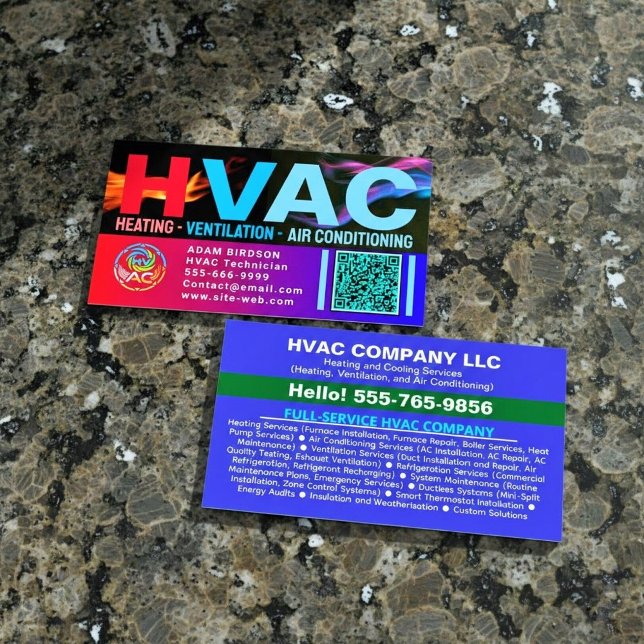 Carte De Visite Custom HVAC Company Logo Qr Code | Professional AC (custom ac service business cards, hvac business card with QR, professional heating and cooling cards)