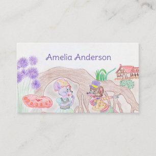 Carte De Visite Custom Kids Artwork, deux mignonnes souris, fleurs