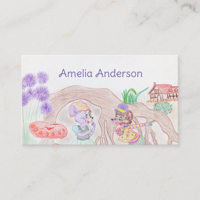 Carte De Visite Custom Kids Artwork, deux mignonnes souris, fleurs (Devant)