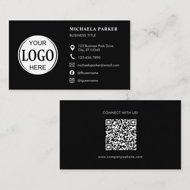 Carte De Visite Custom Logo Icons Modern Black QR Code (Devant / Derrière)
