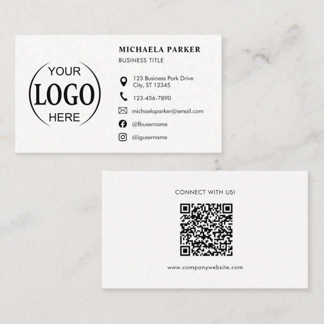 Carte De Visite Custom Logo Icons Modern White QR Code (Devant / Derrière)