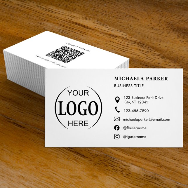 Carte De Visite Custom Logo Icons Modern White QR Code (Créateur téléchargé)