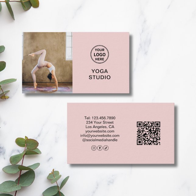 Carte De Visite Custom Logo Photo QR Yoga Instructor Teacher Pink (Custom Logo Photo QR Yoga Instructor Teacher Pink Business Card)