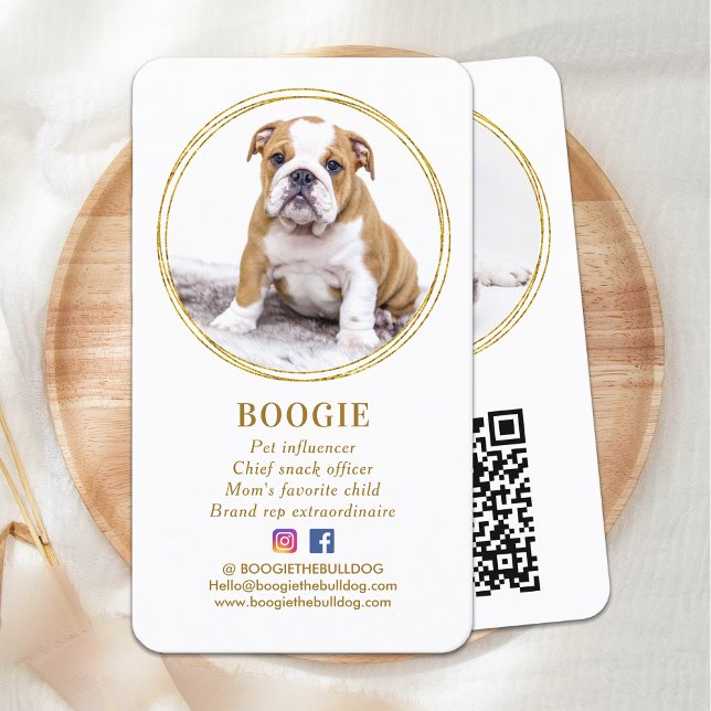 Carte De Visite Custom Modern Photo Gold Dog Social Media Code QR (Créateur téléchargé)