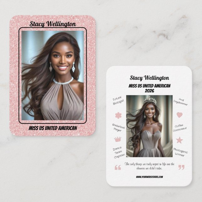 Carte De Visite Custom Pageant Trading Cards | Rose Gold Glitter (Devant / Derrière)