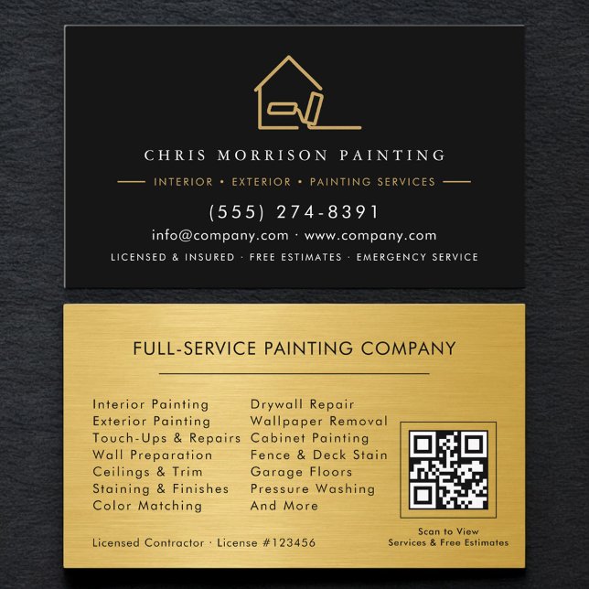 Carte De Visite Custom Painter Painting Service Black Gold QR Code (Créateur téléchargé)