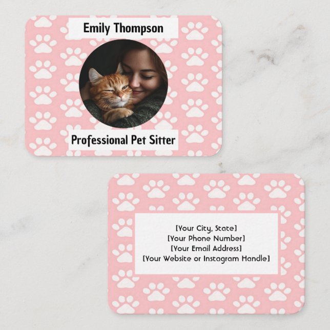 Carte De Visite Custom Pet Sitter Business Card – Pink Paw Print  (Devant / Derrière)
